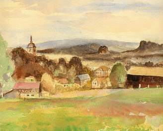 Bildausschnitt Papstdorf Panorama Aquarell von Gerd Peplinski: Papstdorf Panorama peplinski kunst maler künsler malerei elbsandsteingebirge papstdorf