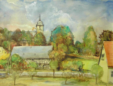 Umgebindehaus in Papstdorf (Gerd Peplinski, Aquarell) Aquarell von Gerd Peplinski: Umgebindehaus und Kirche in Papstdorf papstdorf elbsandsteingebirge sächsische schweiz umgebindehaus kirche peplinski aquarell maler malerei